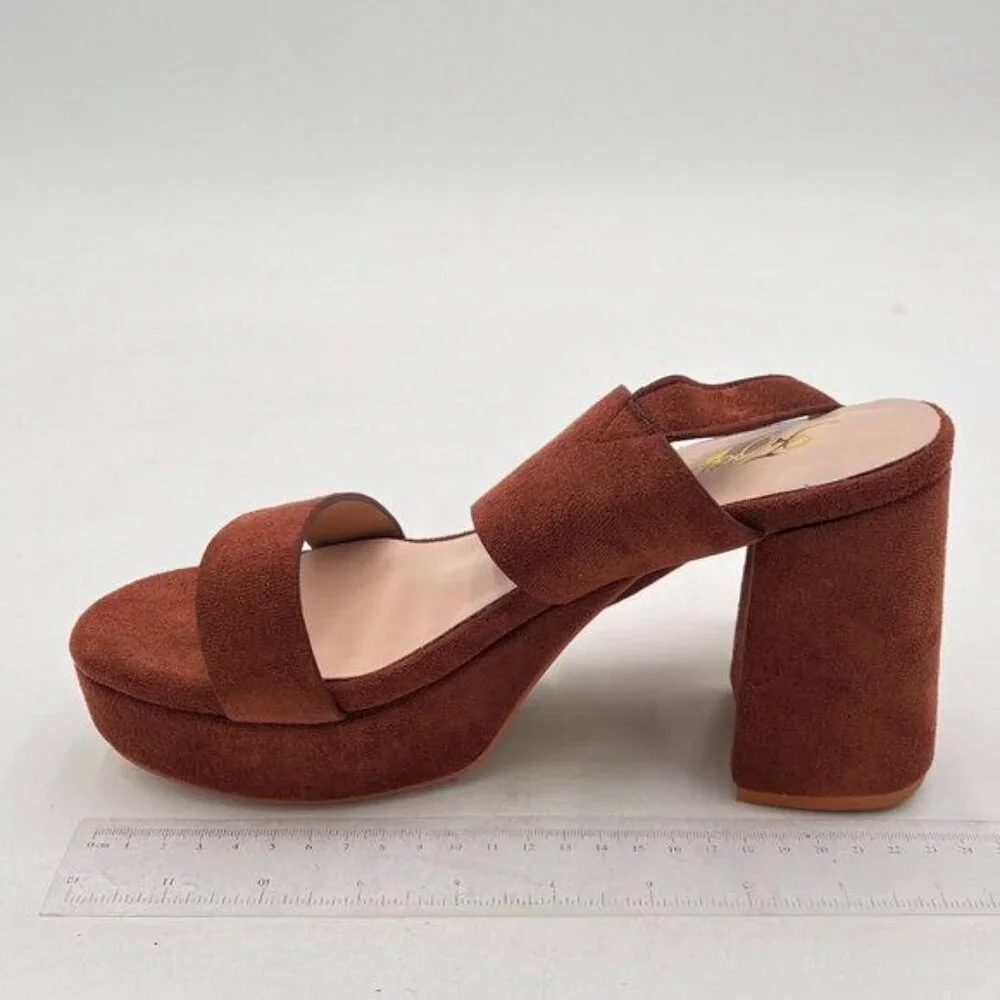 FOWT Brown Open Toe Platfrom Chunky Heel Slingbacks Buckle Wide Band Sandals - Picture 2 of 8